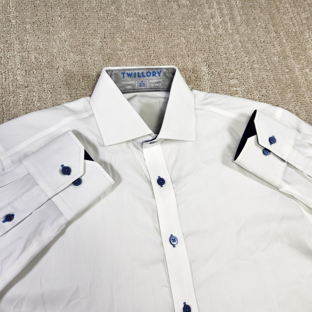 Twillory Shirt Men 15 Trim Fit White Blue Flip Cuff Performance Coolmax Button